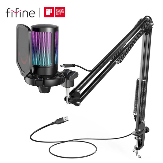 FIFINE USB Gaming Microphone Kit with RGB & Mute