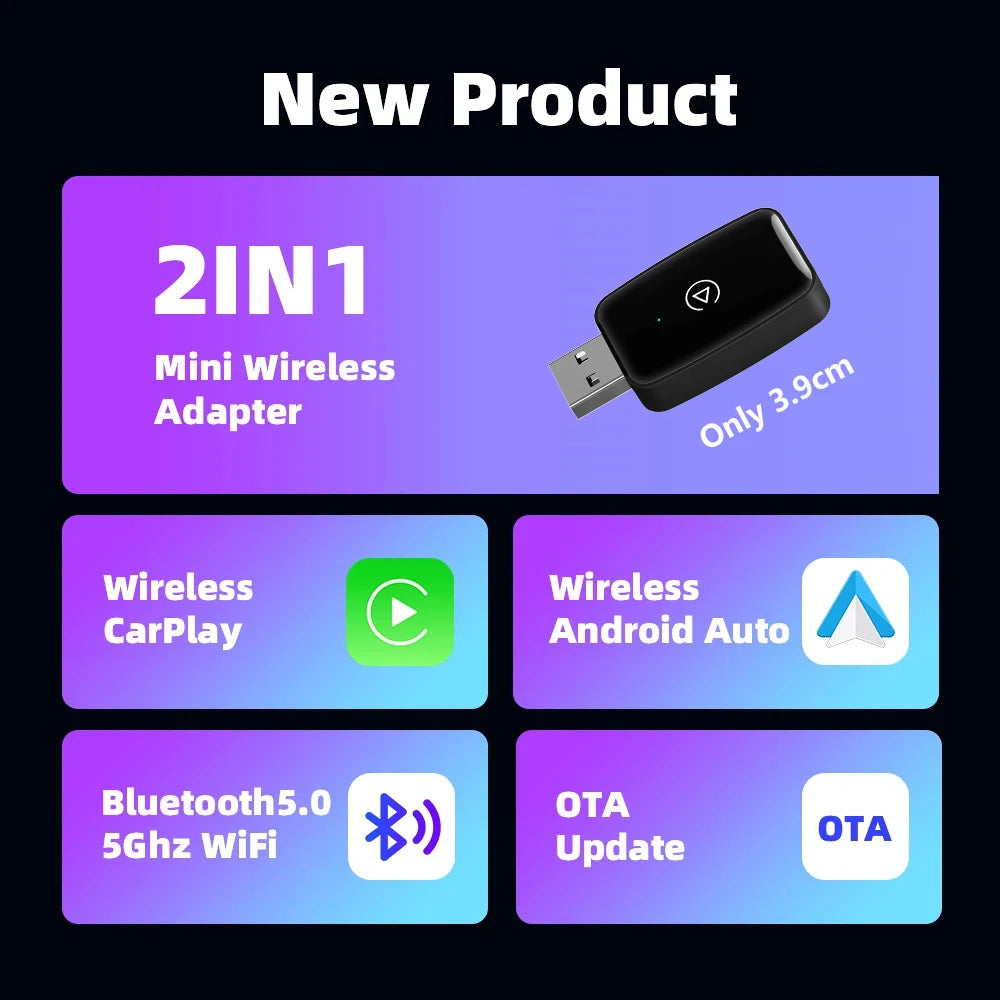 Mini 2-in-1 Wireless CarPlay & Android Auto Adapter - Ai Box 